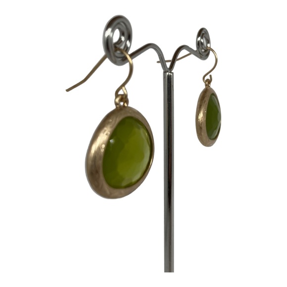 Gold Teardrop Dangle Earrings with Olive Green - Picture 5 of 6